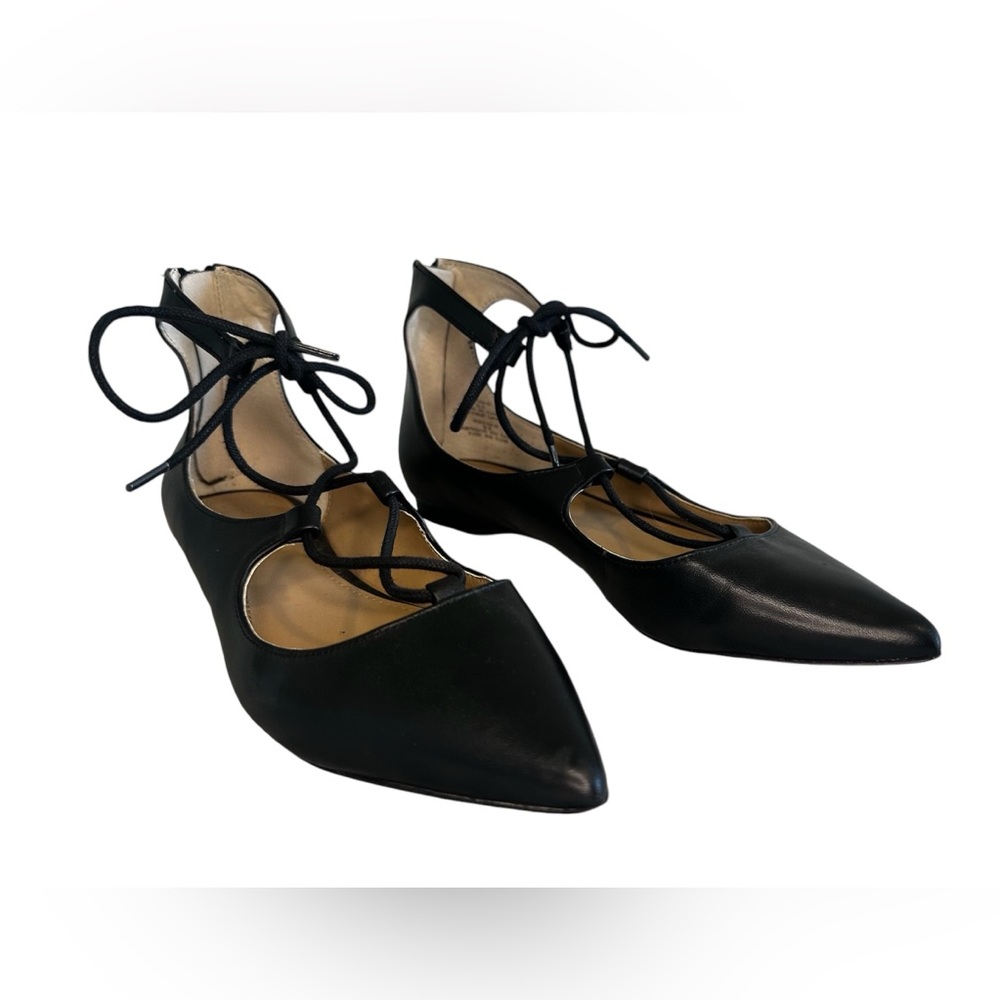 Saks Fifth Avenue - Estyn Black Lace Up Pointed Toe Ballet Flats - Size 6.5 EUC
